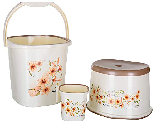 Square Ring DLX Plastic Set of 3 (Bucket 18 L+Mug 1.5 L + Stool) Bathroom Utility Combo with Bucket, Bath Mug and Plastic Stool for Home, Bathroom and
