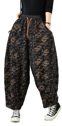 LAI MENG FIVE CATS Women's Vintage Harem Baggy Jeans Drawstring Elastic High Waist Barrel Denim Loose Pants