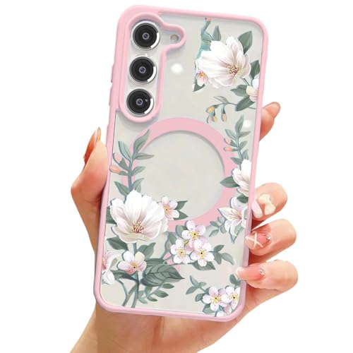 Image of VONZEE Compatible with Samsung Galaxy A35 5G Case Luxury Retro Flowers Floral Clear for Magnetic Wireless Charging Case Shockproof PC+TPU Cute Glossy Shiny Cover for Girls Women, Pink
