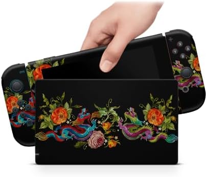 ZOOMHITSKINS Glitter Skin Compatible with Switch, Chinese Dragon Black Gold Oriental Design, Durable 3M Vinyl Decal Wrap, Precision Fit, Bubble-Free, Made in USA