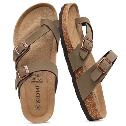 KIDMI Women's Cork Footbed Sandals, Comfortable Summer Slip-On Slides with Adjustable Buckle, Brown...