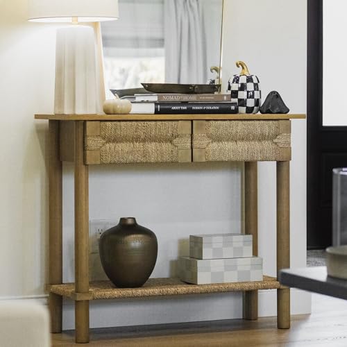 Nathan James Beacon Wooden Sofa Console Table with Drawers, Bohemian Entryway Table, Hallway Table with Seagrass Shelf, Light Brown by Nathan James - Image 5