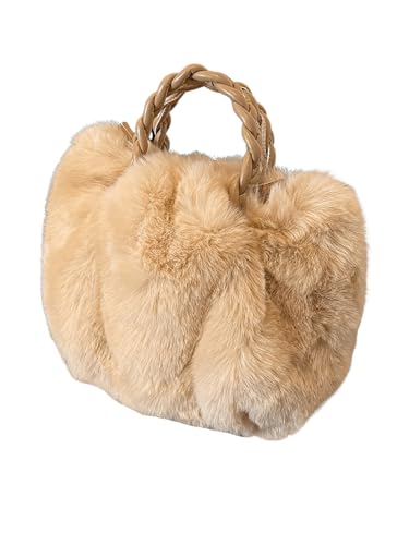 SHENHE Womens Fuzzy Faux Handbags Crossbody Shoulder Strap Braided Handle Furry Cloud Shape Tote Bag Khaki One Size