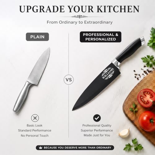 Image of Custom Engraved Black Kitchen Chef Knife- Razor-Sharp, Ultra-Light Blade with Artwork, Blade Cover & Red Velvet Gift Box - Personalized with Last Name, Premium Gift for Home Cooks and Chefs