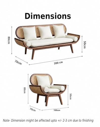 Image of Modern Rattan Cane Sofa with Curved Arms Wooden Frame, Beige Cushions and Throw Pillows Sofa for Living Room, Bedroom, Hallways (3+1+1 Seater)