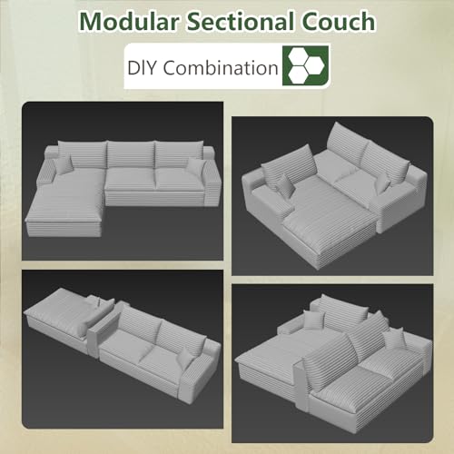 Image of 107 inch Cloud Couch Modular Sectional Sofa for Living Room, L-Shape Boneless Couch with Deep Seat, Modern Corduroy 3-Seater, No Assembly Required (Black,Left-Facing Chaise)