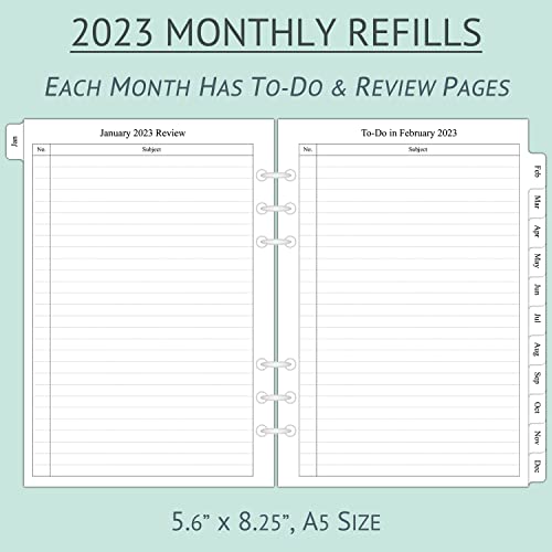 2023 Monthly Planner Refill For A5 Binder, Two Page Per Month, January 2023 - December 2023, 5.6"X8.3", 6-Hole Punched #TOP2