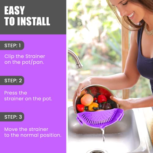 Clip-On Kitchen Food Strainer For Spaghetti, Meat, Pasta, & Ground Beef Grease, Colander & Sieve Snaps Or Clip On Bowls, Pots & Pans. Includes Silicone Strainer Drainer, Brush & Garlic Peeler (Purple) #TOP3
