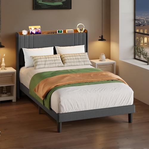 Blishom Cadre de Lit 120x200 cm avec Sommier en Métal, Éclairage LED et Multiprise (2 Prises CA et 2 Ports USB), avec Tête de Lit capitonnée, pour Chambre...