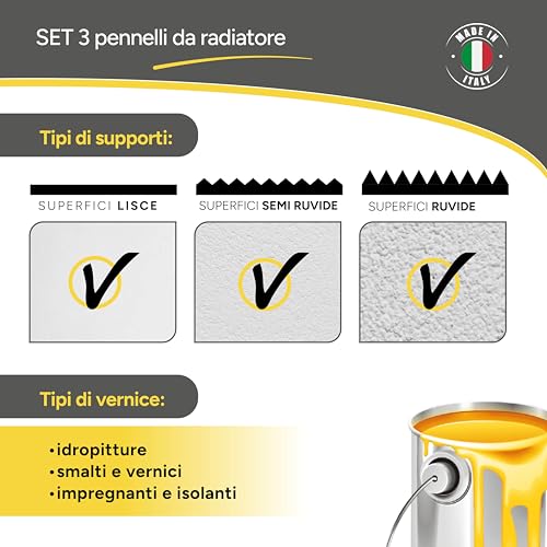 Set mit 3 Heizkörperpinseln, Set 3 Größen 3-4-5 zum Lackieren von Heizkörpern oder Profilieren – Made in Italy