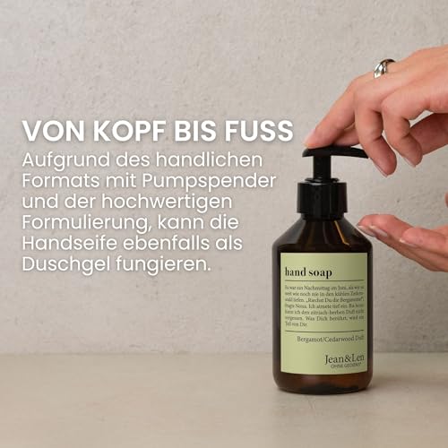 Jean & Len Handseife Bergamot & Cedarwood, reinigt beanspruchte Hände, für die tägliche Anwendung geeignet, Flüssigseife im Pumpspender, erfrischend-zitrischer Duft, vegan, 250 ml