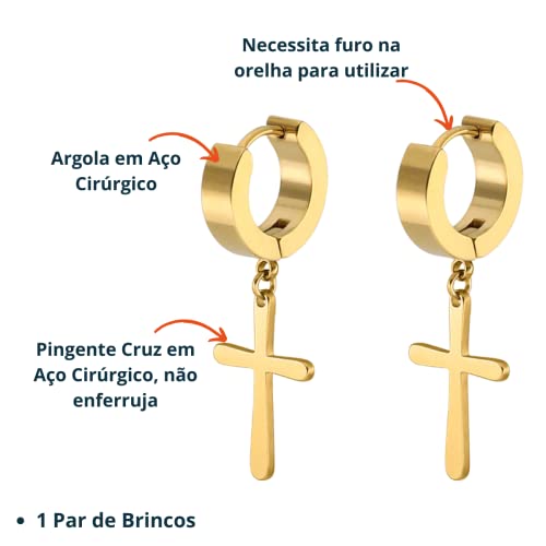 Brinco cruz dourado em aço inoxidável