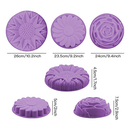 Silicone Baking Molds,3 Pack Non-stick Flower Shape Silicone Cakes Pan Bread Pie Flan Tart Jello Molds,Reusable Food-Grade Large Flower Baking Trays