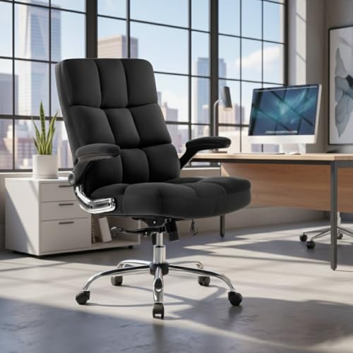 Image of LAKDI Furniture Co Premium Velvet Fabric High Back Office Chair with Adjustable Tilt, Flip-Up Arms, Ergonomic Thick Soft Padding | Executive Boss Chair, Black | 5 Years Warranty & Free Assembly