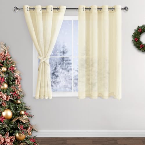 XWZO Sheer Curtains 2 Panels Linen Look Voile Curtains Semi Transparent Grommet Tieback Window Curtains for Bedroom,Light Filtering,Airy & Breathable Voile Drapes,Beige,W55*L54