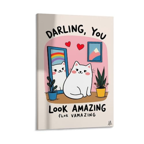 Funny Cat Bathroom Wall Art-Darling You Look Amazing-Cute Mirror Quote Print Poster (4) �I�t�B�X �x�b�h���[�� �_�C�j���O���[������ �L�����o�X ��� �A�[�g�p�l��16