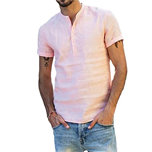 Chemise d'été homme lin rose manches courtes vêtement casual taille L