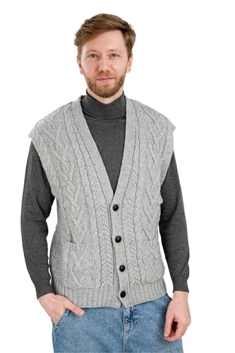 SAOL 100% Merino Wool Mens V Neck Vest Sleeveless Irish Cable Knit Cardigan Sweater with Buttons and Pockets