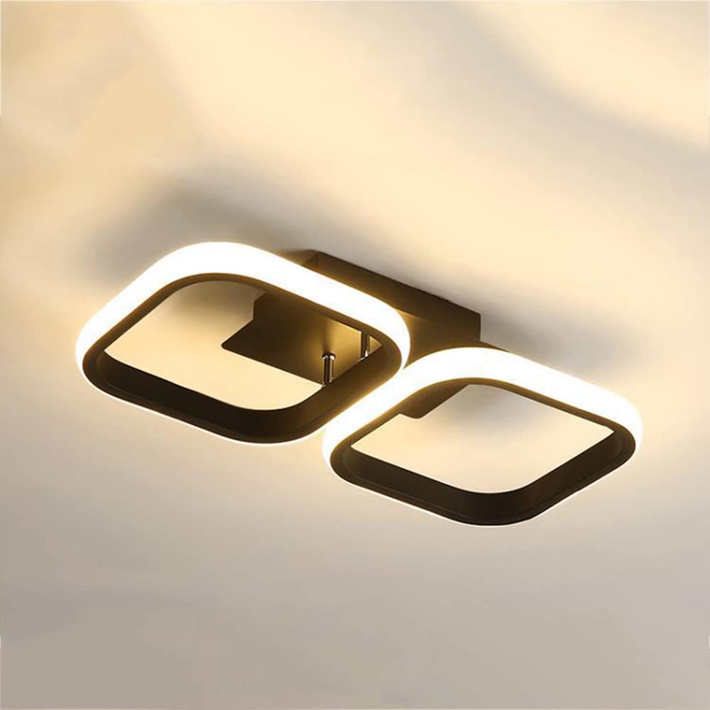 Modern LED Semi Flush Mount Ceiling Light, Minimalist Art Deco Ceiling Light Close to Ceiling Light, Home Ceiling Lighting for Bedroom Kitchen Aisle Balcony (Black, Square, Warm Light, 2 Lamp Head)