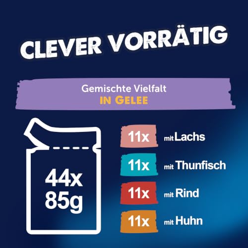 FELIX So gut wie es aussieht Nassfutter für Katzen Gemischte Vielfalt Vorteilspack, 44 praktische Portionsbeutel, zarte Stückchen in Gelee, 4 leckere Sorten, 100% vollständige Ernährung