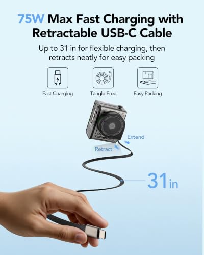 Image of MFish 75W Universal Travel Adapter, 5-Port International Power Adapter with Retractable USB-C Cable, 3 USB-C & 1 USB-A + AC Outlet, Worldwide Wall Charger for MacBook, iPhone, iPad, EU /UK /US /AUS, Grey