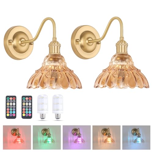Image of Shenmoyl Battery Operated Wall Sconce Set of 2, Vintage Rechargeable Wall Lights with Amber Lily Glass Shade, Wireless Indoor Wall Lamp with Remote for Bedroom Living Room Bathroom