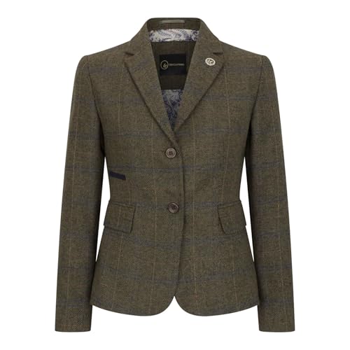 Women's Olive Green Wool Blend Tweed Herringbone Checkered Blazer Waistcoat