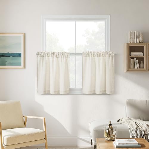 Natural Linen Cafe Curtains 24 Inch Length 2 Panels Rod Pocket for Kitchen Bathroom Laundry Room Small Window Drapes Farmhouse Light Filtering Privacy Curtains 24 Inches Long W30xL24