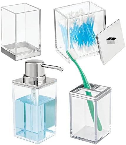 mDesign Plastic Bathroom Vanity Countertop Organizer Accessory Set - Includes,Soap Dispenser, Toothbrush Holder, Lidded Canister, and Tumbler Rinsing Cup; Lumiere Collection - Set of 4 - Clear/Chrome
