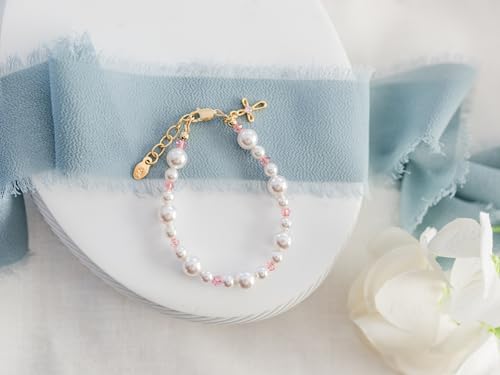 Image of Cherished Moments Children's First Communion 14K Gold-Plated Pink Cross Bracelet with Simulated Pearls For Girls Communion Gift