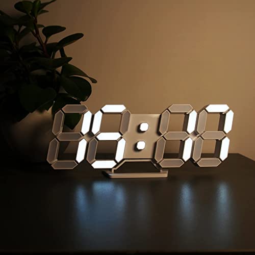 Deeyaple 3D Led Digital Alarm Desk Clock Small Wall Clock Snooze Dimmable Time Memory 12/24 Date Temperature Remote Control Night Light Office Kitchen Living Room Bedroom (9.7 Inch, White) #TOP5