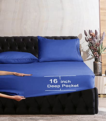 Image of Mocassi Bed Sheet Set - Luxury Hotel 1800 Premier Bedding Sheets & Pillowcases - Ultra Soft Breathable & Cooling Bed Sheets - Deep Pocket - Wrinkle Resistant - 6 Piece - Cali King, Imperial Blue