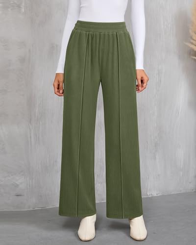 Ficerd Women's Wide Leg Lounge Pants with Pockets, Casual Work Baggy Pant Elastic Waist Sweatpants Loose Ribbed Trouser4