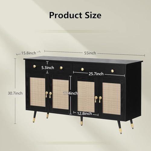 4ever2buy Black Rattan Buffet Cabinet with Rattan Decorated Doors, 55 Inch Black Buffet Cabinet with 4 Doors & 2 Drawers, Rattan Storage Cabinet with Adjustable Shelf for Living Dining Room