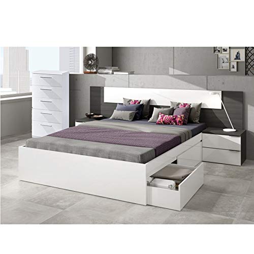 HABITMOBEL Conjunto de Cabecero, 2 Mesitas de Noche y Cómoda en Madera Color Blanco/Gris Ceniza. Medida cabecero y mesitas: 247 x 92 x 34cm. Medidas Cómoda: 60 x 109 x 38 cm.