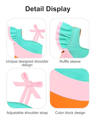 Image of Redair Toddler Girl One Piece Swimsuit Color Block with Ruffled Sleeve Straps Swimwear Bathing Suit for Baby Girl 12M-6Years