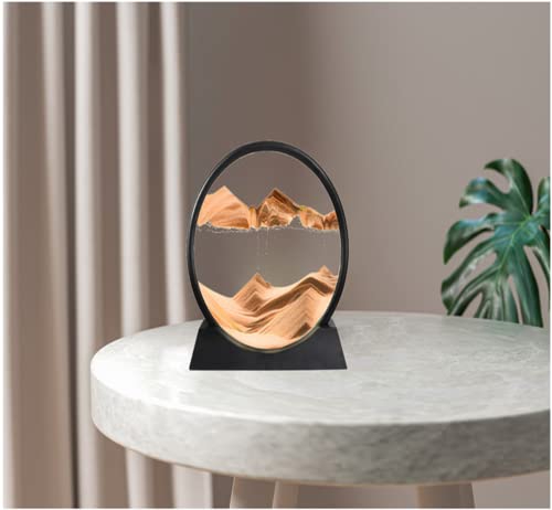 3D Moving Sand Art Picture Decor, Deep Sea Sandscape Liquid Motion, Round Glass, Mobile Sand Painting Relaxing Gifts, Large Desktop Decorations/Toys For Adults And Children(7 Inch, Yellow) #TOP5