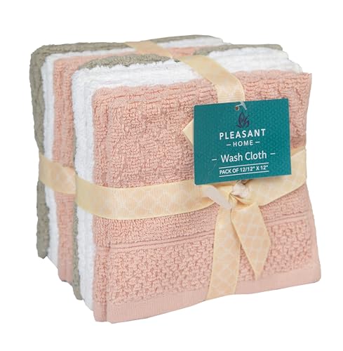 Image of Pleasant Home Chevron Wash Cloths Set - 12 Pack (12 inch x 12 inch) - 509 GSM - 100% Ring Spun Cotton Wash Cloth - Super Soft and Highly Absorbent Face Towels (Blush, White & Tan)