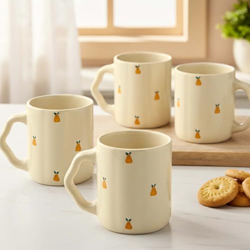 Image of The Earth Store Cream Pear Coffee Mug - 300ML Ceramic Coffee Mugs Set of 4 | Microwave & Dishwasher Safe Mugs for Gift | Home | Office | Restaurant | Daily Use
