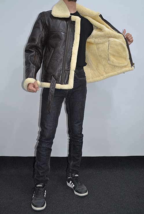 Shearling Brown Leather Coat Genuine Sheepskin Leather Coat with Artificial Fur B3 Bomber Leather Coat Aviator Coat for Men (as1, alpha, 3x_l, regular, regular, Dark Brown)4