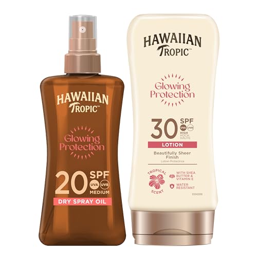 Hawaiian Tropic Protective Dry Spray Oil LSF 20, 200ml + Glowing Protection Sun Lotion Sonnencreme LSF 30, 180 ml