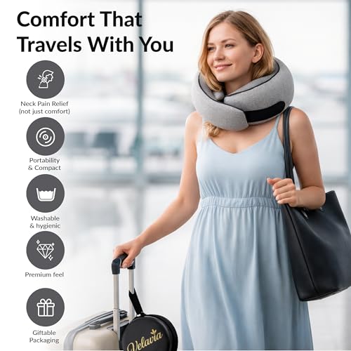 Image of Travel Neck Pillow,Ergonomic 360 Memory Foam Support for Head, Neck. Adjustable for Long Flights. Soft &Washable Cover, EVA Box, 3D Eye Mask, Earplugs, Hair Tie & Luxury Bag (Grey)