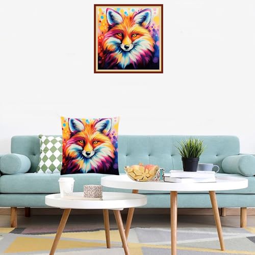 Image of Lovxvouy Pillow Cross Stitch Kits for Adults Beginners-Preprinted Needlepoint Kit Stamped Crossstitching Kits 11CT Cross-Stitch Kit Stitches Kit Embroidery Kits-Colorful Fox 18x18 inchs