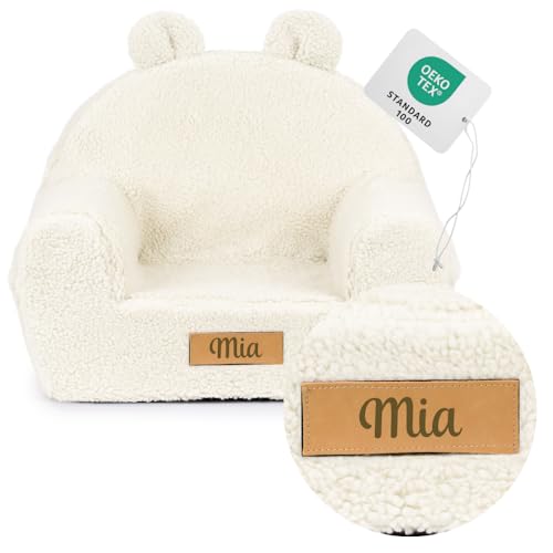Flumi Fauteuil Personnalisé pour Enfant, Mini Siège pour Bébé, Chaise pour Chambre d'enfant ou Salle de Jeux avec Gravure du Nom (Beige Clair)