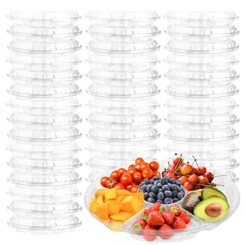 30 Pack Fruit Trays for Serving for Party, 6 Divided Compartment Disposable Party Platters for Vegetable Fruit Snack Nut, Plastic Veggie Tray with Lid for Buffet Catering（10.4 Inch）