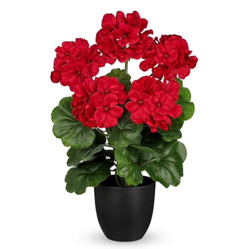 Briful 16” Geraniums Artificial Flowers Realistic Potted Plant – Red Fake Geraniums...