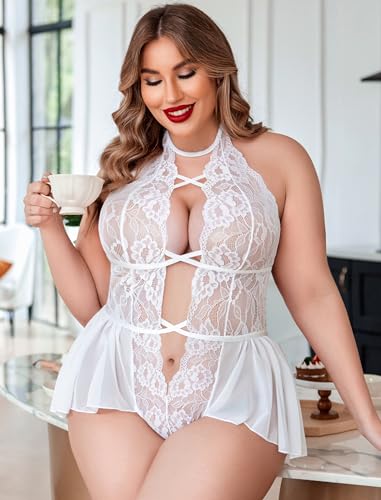 Image of Womens Plus Size Lingerie Lace Bodysuit Teddy One Piece Lace Babydoll | Deep V Neck Sexy Cut Out nightwear Adjustable,Criss cross Straps,Backless Mini Babydoll Romantic gift for wife