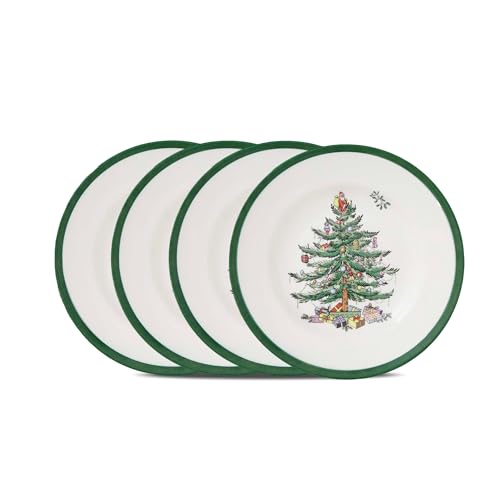 Spode Christmas Tree Bread & Butter Plate, Set of 4 - Made in England, Classic Holiday Dishware, Ideal for Holiday Brunches & Winter Parties - 6 Inch Earthenware Plates, Dishwasher & Microwave Safe