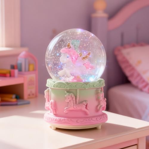 Unicorn Snow Globes Pink Music Snowglobes with LED 7 Colors Lights Automatic Snow Fall Effect Home Decor for Kids Room Essentials Christmas and Birthday Gifts for 3-15 Year Old Girl (Pink)