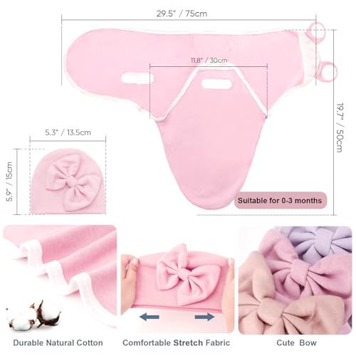 Image of DRESHOW BQUBO 3 Pack Newborn Baby Swaddle Blanket with Hats Infant Adjustable Velcro Swaddling Wraps with Bear Ears Cap for 6-12 Lbs Newborns & 0-3 Months Girls Boys